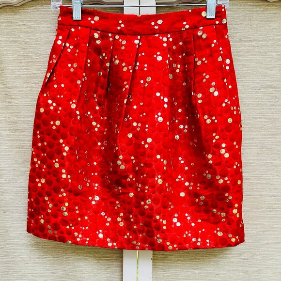 Lauren Moffatt Anthropologie Red and Gold Dot Mini Skirt Pleated Pockets Size 4 - Picture 1 of 6
